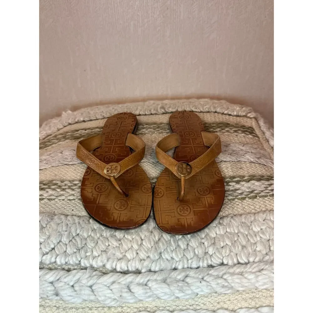 Tory Burch Brown Leather Logo Medallion Thong Sandals Size 11